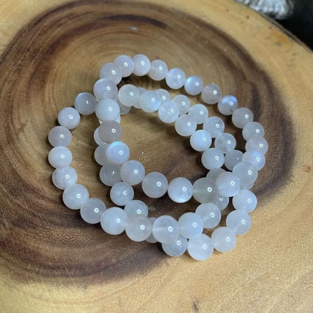 White Moonstone beaded bracelet 7” crystal healing beads 8mm blue flash
